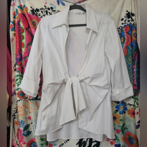 Isabel Tops - Isabel White Tie Front Top Size XL Lagenlook